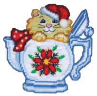 Design Works 2113 Poinsettia Teapot Cat Plastic Cross Stitch Kit