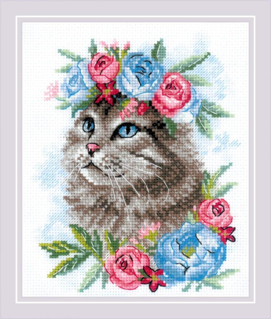 Riolis Cat In Flowers 2088 Cross Stitch Kit JK's Cross Stitch Supplies