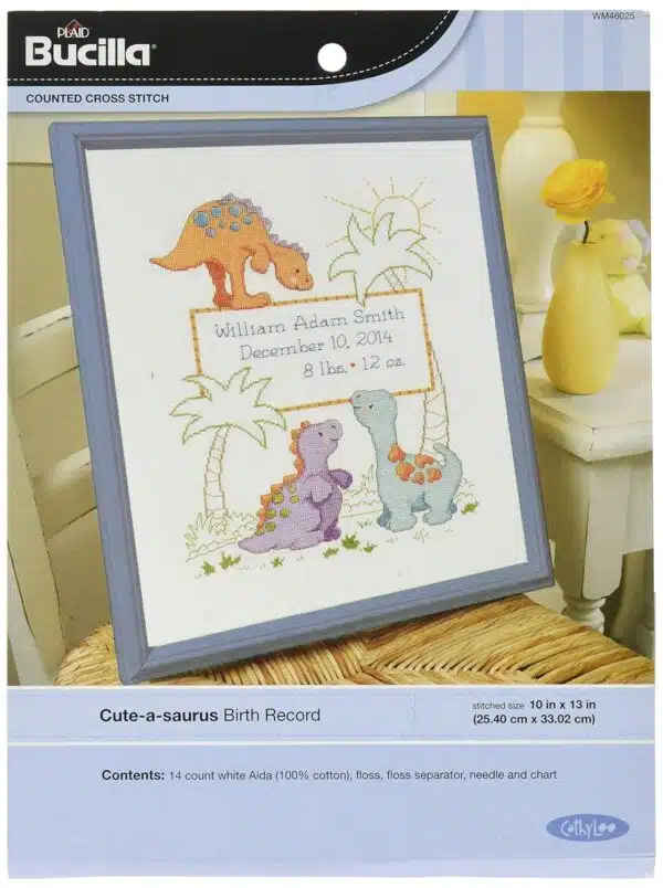 Bucilla Counted Cross Stitch Birth Record Kit, 10 by 13-Inch, 46025 Cute-a-Saurus