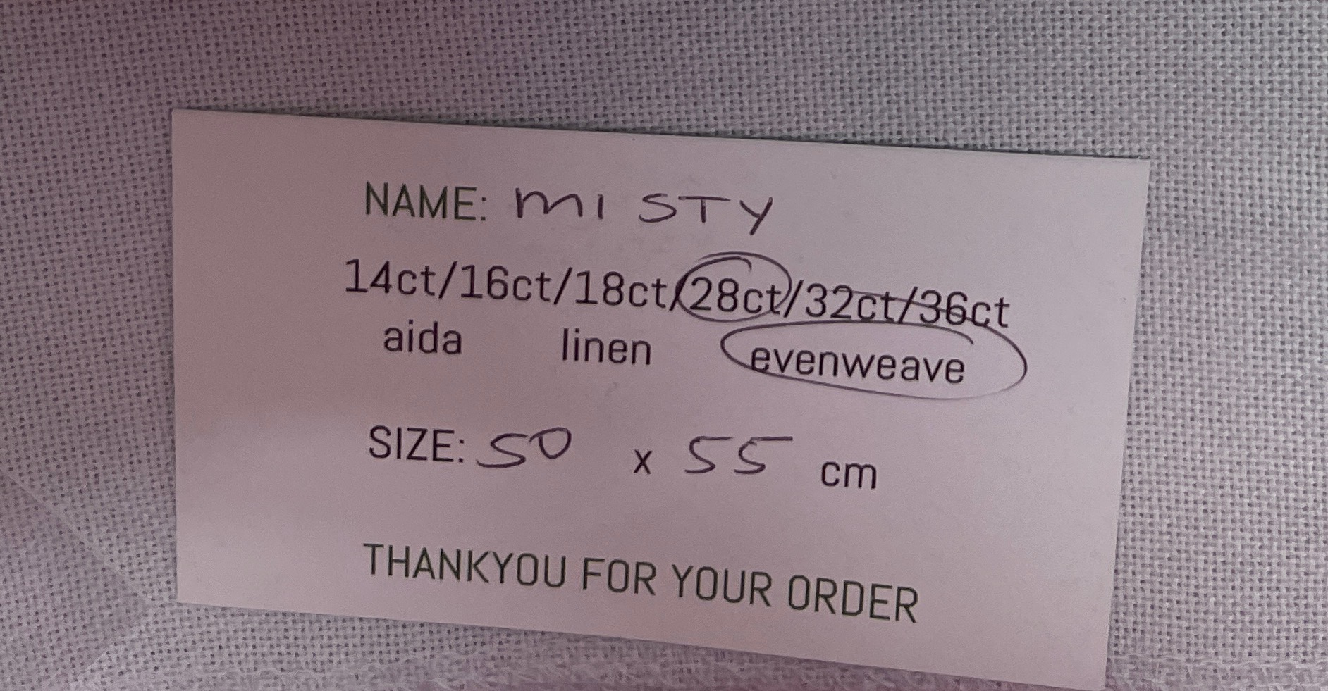 Paddock Lane Designs 28 Count Evenweave 50 x 55cm Misty JK's Cross