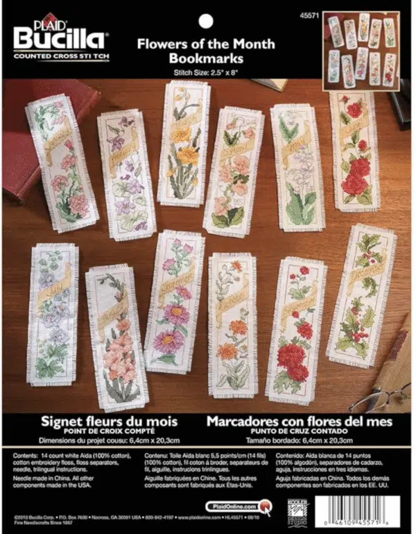 Bucilla Counted Cross Stitch Bookmark Kit, 2.5 by 8-Inch, 45571 Flowers of The Month (Set of 12)
