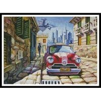 Artecy Cross Stitch Old Red Car in a Sunny Street 11386 Cross Stitch Chart Hard Copy