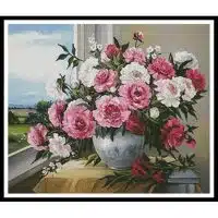 Artecy Cross Stitch Peonies in the Window 12338 ABG Cross Stitch Chart Hard Copy